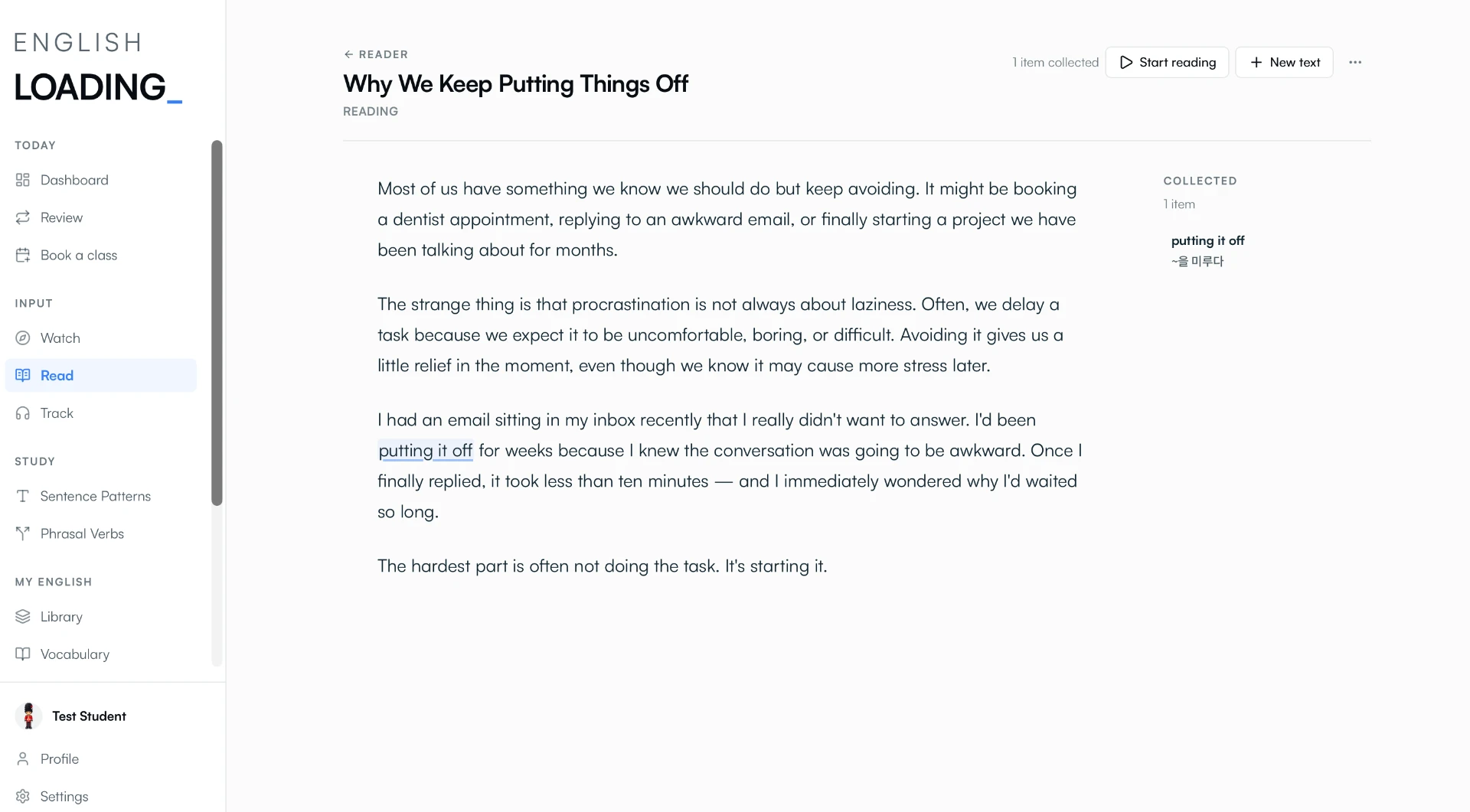 English Loading Reader preserving a highlighted phrase in context